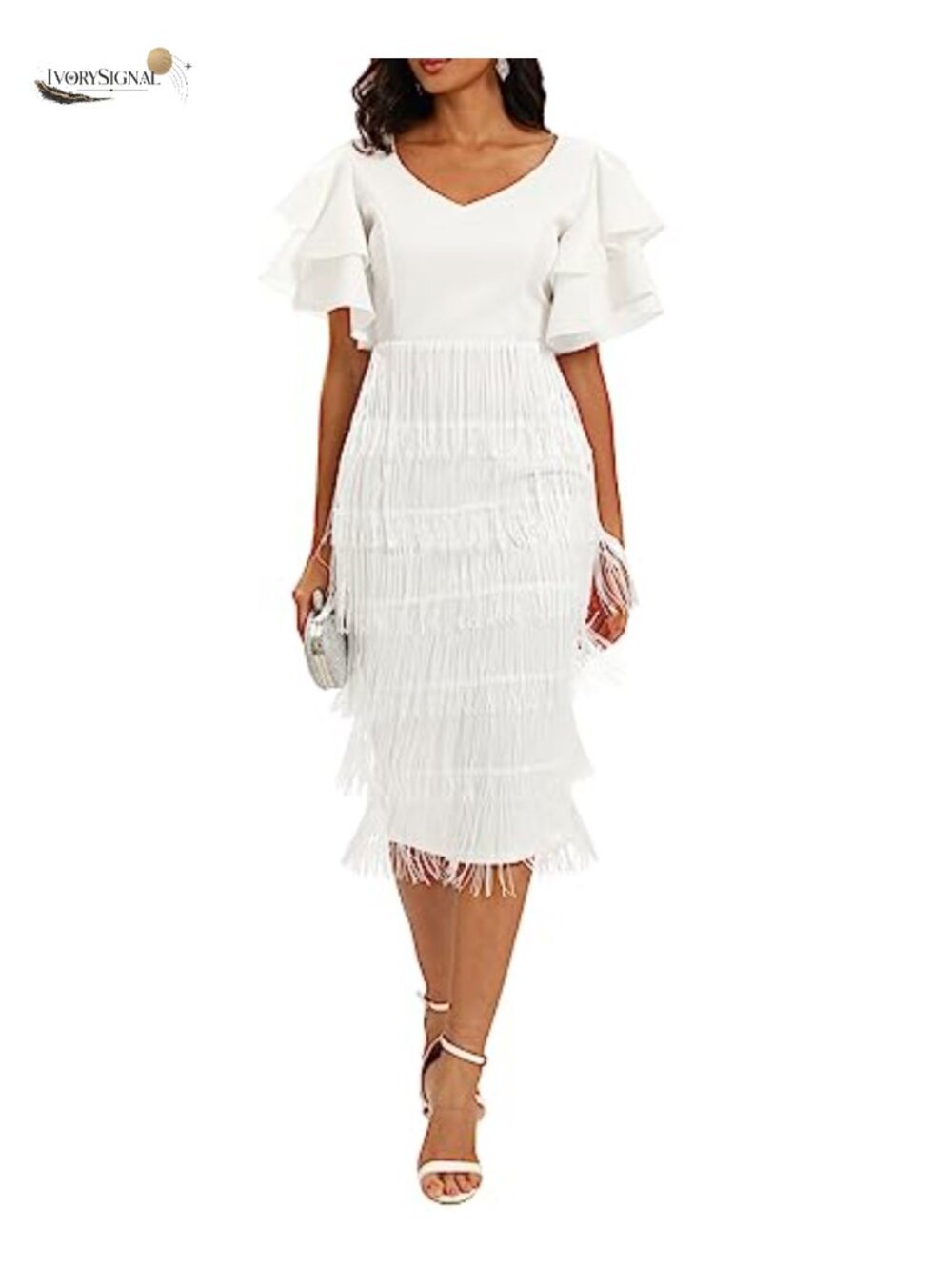 Women's Fringe Maxi Dress V-Neck Tiered Tassels Bodycon Prom Dress